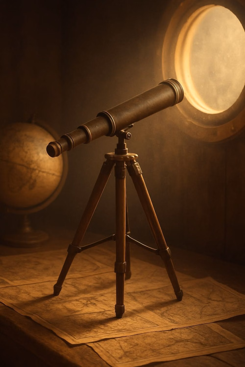 antique brass telescope close up photograph - Shop on eBay. #ad An antique brass telescope on a wooden tripod rests over aged maps beside a vintage globe, bathed in warm porthole sunlight and drifting dust—evoking old‑world voyages and quiet discovery. (AI)