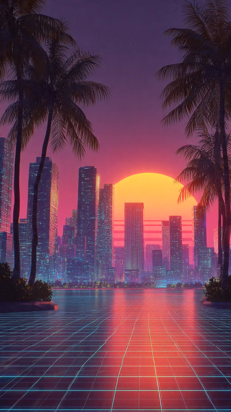 Vaporwave aesthetic - Retro vaporwave city skyline with glowing pink sunset and neon grid floor reflections. Perfect synthwave wallpaper. #Vaporwave #RetroAesthetic #NeonCity