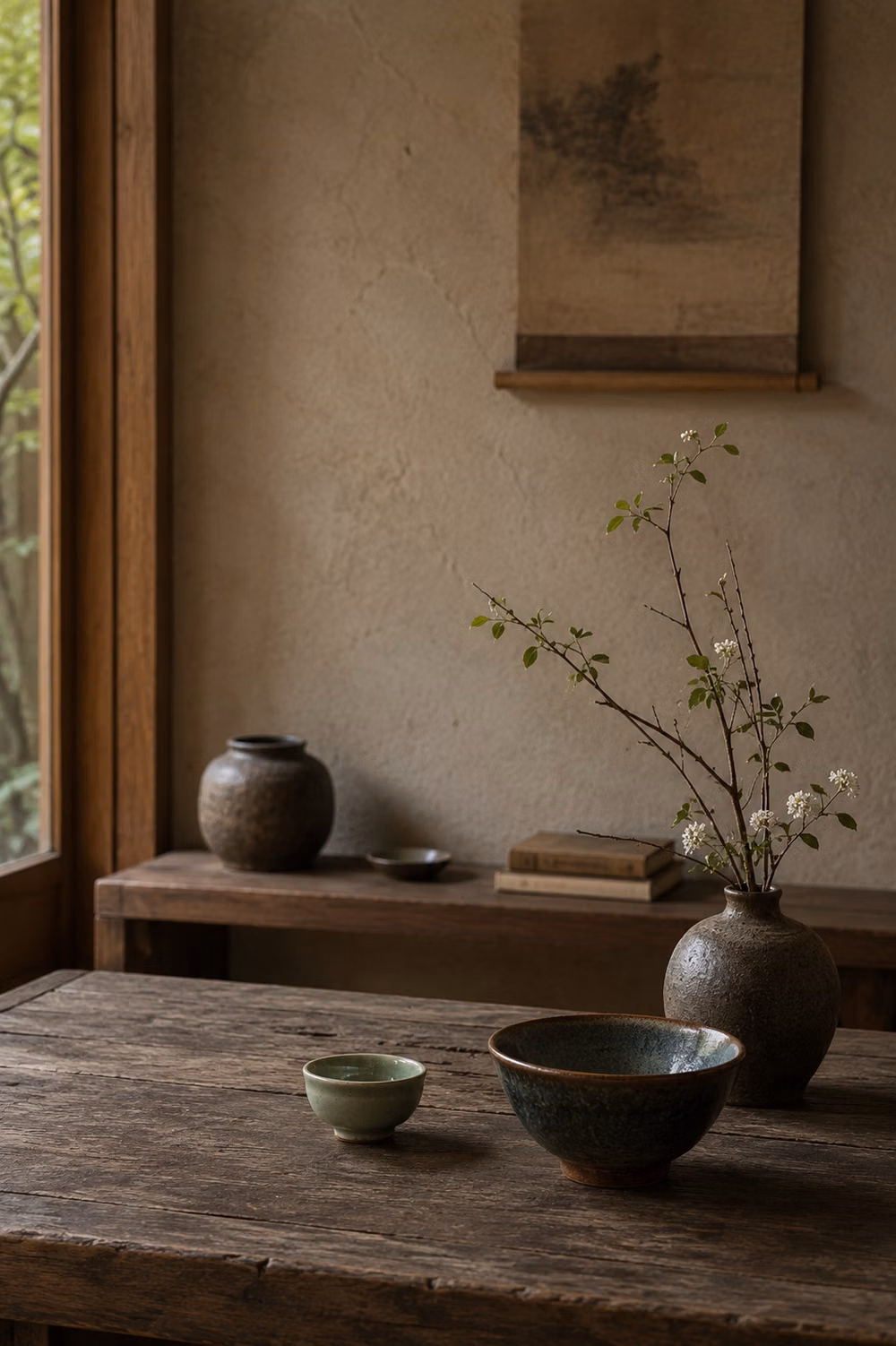 Wabi-Sabi aesthetic - A calm wabi-sabi interior scene with weathered wood, textured plaster walls, simple ceramic vessels, and a delicate branch arrangement. The soft natural light and restrained composition create a peaceful atmosphere rooted in natural materials, imperfection, and slow living. Explore current pieces in our shop.