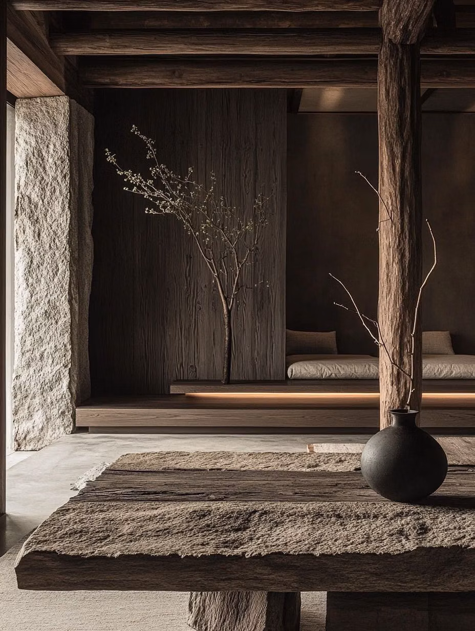 Wabi-Sabi aesthetic - There’s something grounding about spaces that aren’t trying too hard. Wabi-sabi interiors embrace imperfection — weathered wood, natural stone, wrinkled linen — the soul of a space lives in its texture. It’s where organic design meets quiet luxury. #wabisabiinteriors #organicmodern #texturaldesign #naturalhome #interiorinspo #corrinekconcepts #wabisabi #warmminimalism #quietluxuryhome Images via @pinterest