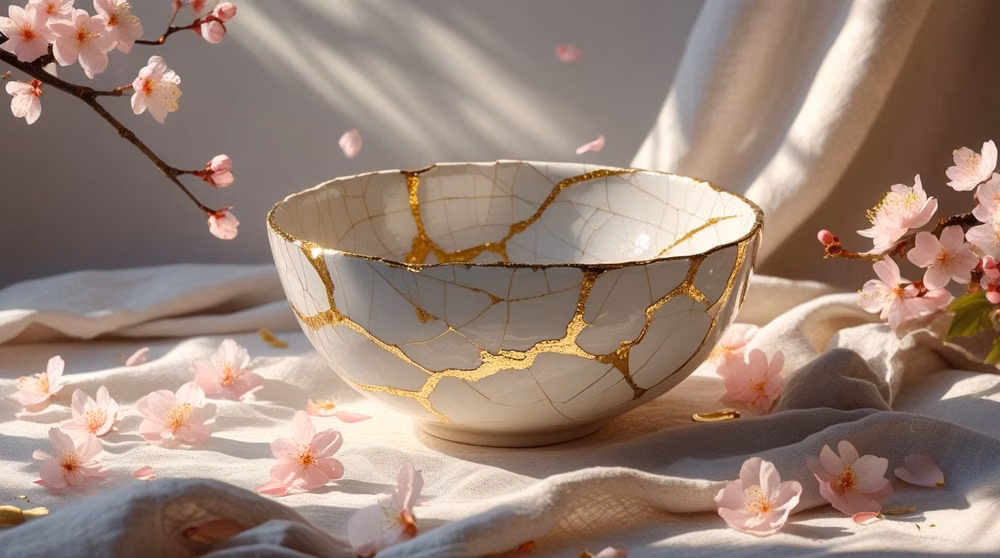 kintsugi ceramic bowl gold repair close up - How the ancient Japanese practice of mending broken pottery reveals the beauty of relational repair. What Is Kintsugi? Kintsugi (金継ぎ), meaning “golden joinery,” is a centuries-old Japanese art form that repairs broken pottery by filling its cracks with gold, silver, or platinum. Rather than hiding the damage, Kintsugi illuminates the breakage, transforming what was once considered flawed into something more valuable, beautiful, and whole.... https://spiritlovesong.com/kintsugi-the-art-of-att...