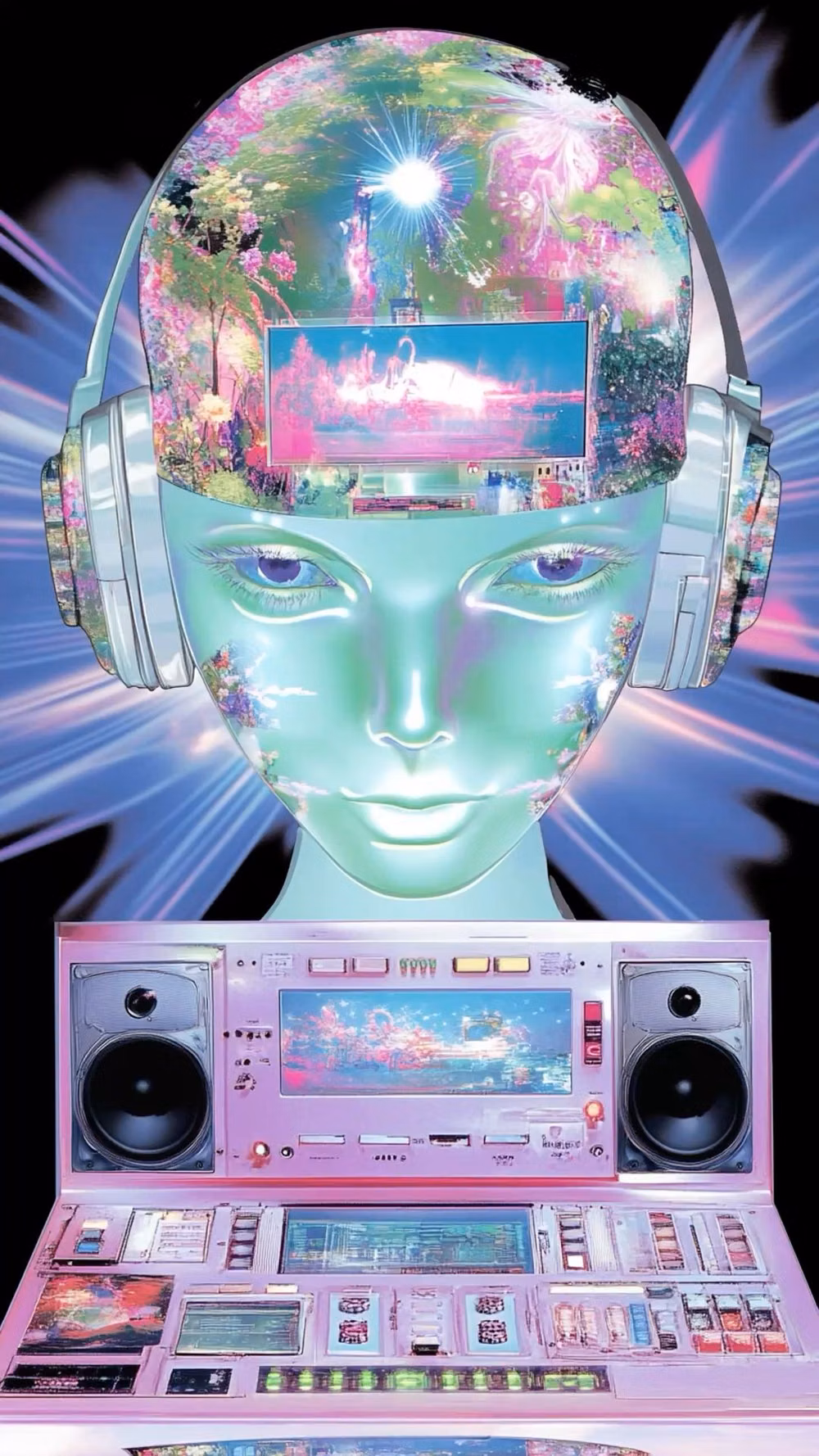 Y2K Techno-Skeuomorphism aesthetic - A green computer-like head with buttons, a large screen, and a blue background. The image has a sticker-style aesthetic, with a logo for a "green acid raving monster" on a white background. Speakers are arranged around the face of the head. The image appears to be a clip art vector graphic, created in the style of Ralph Bakshi and James Gurney, with an art nouveau influence. The image has a white background and an "X" in the top left corner.