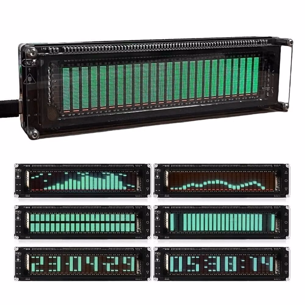 stereo spectrum analyzer display photograph - AK2515 Audio Visualizer VFD 25x15 For Spectrum Analyzer 0.42 lb Weight DESCRIPTION Features: * High-resolution VFD display, AK2515 professional audio  for Spectrum analyzer adopts 25x15 high-resolution VFD, which can accurately represent the frequency band and for ensure clear display of audio data. * Accurate clock function, AK2515 professional audio  for Spectrum analyzer is equipped with SD3078 for crystal oscillator with an accuracy of ±3.8ppm and a monthly error within 10 seconds, supporting date and time display and 5 clock modes. * Wide frequency, AK2515 professional audio  for Spectrum analyzer provides 32Hz-16kHz wideband scanning, which can perform high- for  frequency point testing to meet detailed audio analysis. * Multiple input options, VFD display music sound visualizer supp