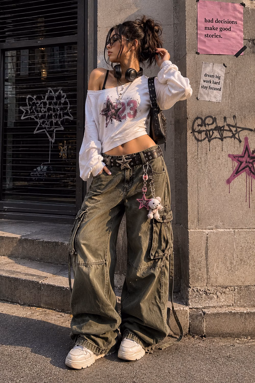 Y2K aesthetic - Main character energy with this edgy Y2K streetwear fit πΏβ Featuring oversized cargo pants, off-shoulder graphic top, chunky sneakers, layered accessories, and ultimate cool-girl vibes. Perfect inspo for Pinterest fashion lovers obsessed with 2000s aesthetic, street style, and soft grunge looks β¨π€ #Y2KOutfit #StreetwearFashion #PinterestStyle #Y2KAesthetic #CargoPants #BaggyFashion #CoolGirlStyle #FashionInspo #UrbanOutfit #2000sStyle