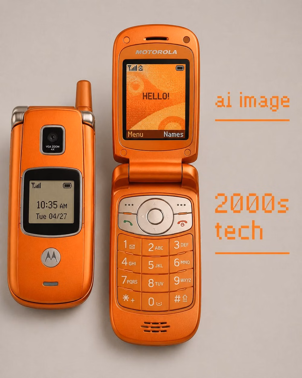 early 2000s flip phone product photograph - AI image of a 2000s flip phone. #2000sTech #2000s Image by ChatGPT. May 10, 2026